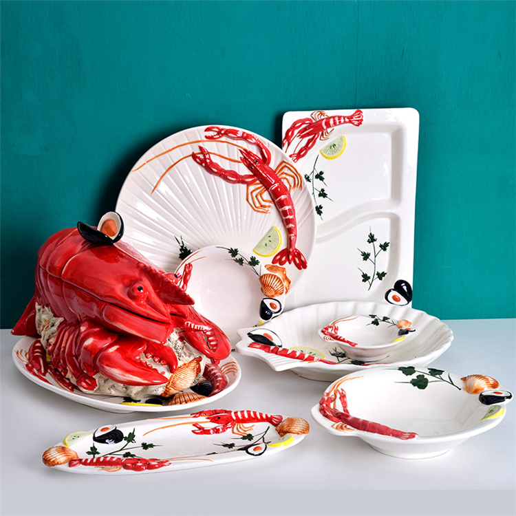 Good selling restaurant hotel decoration creative tableware serving plates red lobster ceramic dinnerware plate