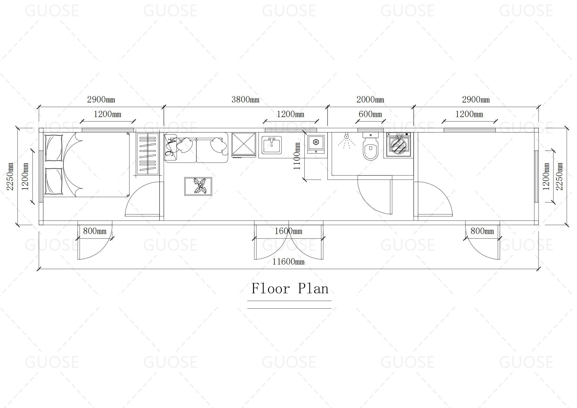 40ft Two bedroom shipping container 40ft glass door living prefabricated shipping container house