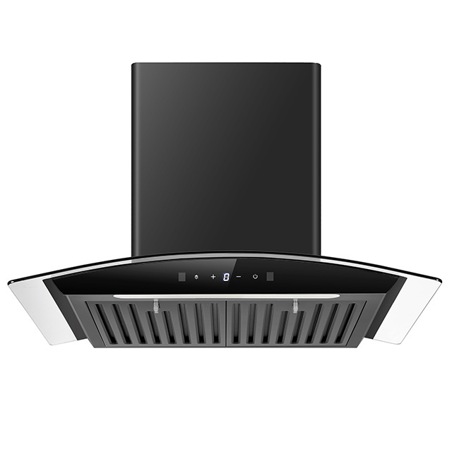 XH455 China Kitchen Range Hood Manufacturing Tempered Curved Glass Stainless Steel Chimney Baffle Filter