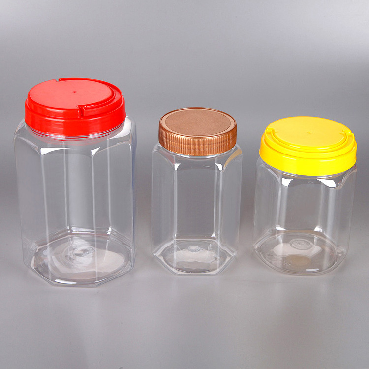 800cc 800ml jars hexagon shaped PET food plastic bottle/jar with lid Dongguan produce