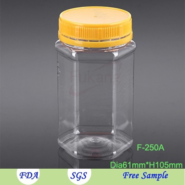 250ml hexagonal PET plastic, food grade jar container packaging sweet honey with custom made printing/