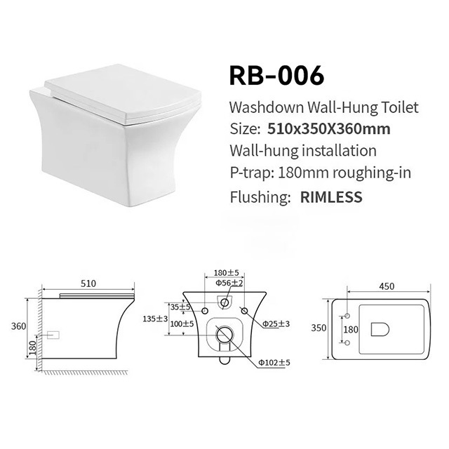 European Style Wall Mounted Concealed Tank One Piece Toilets Square Ceramic Wall Hung Toilet For Home Villa Bathroom