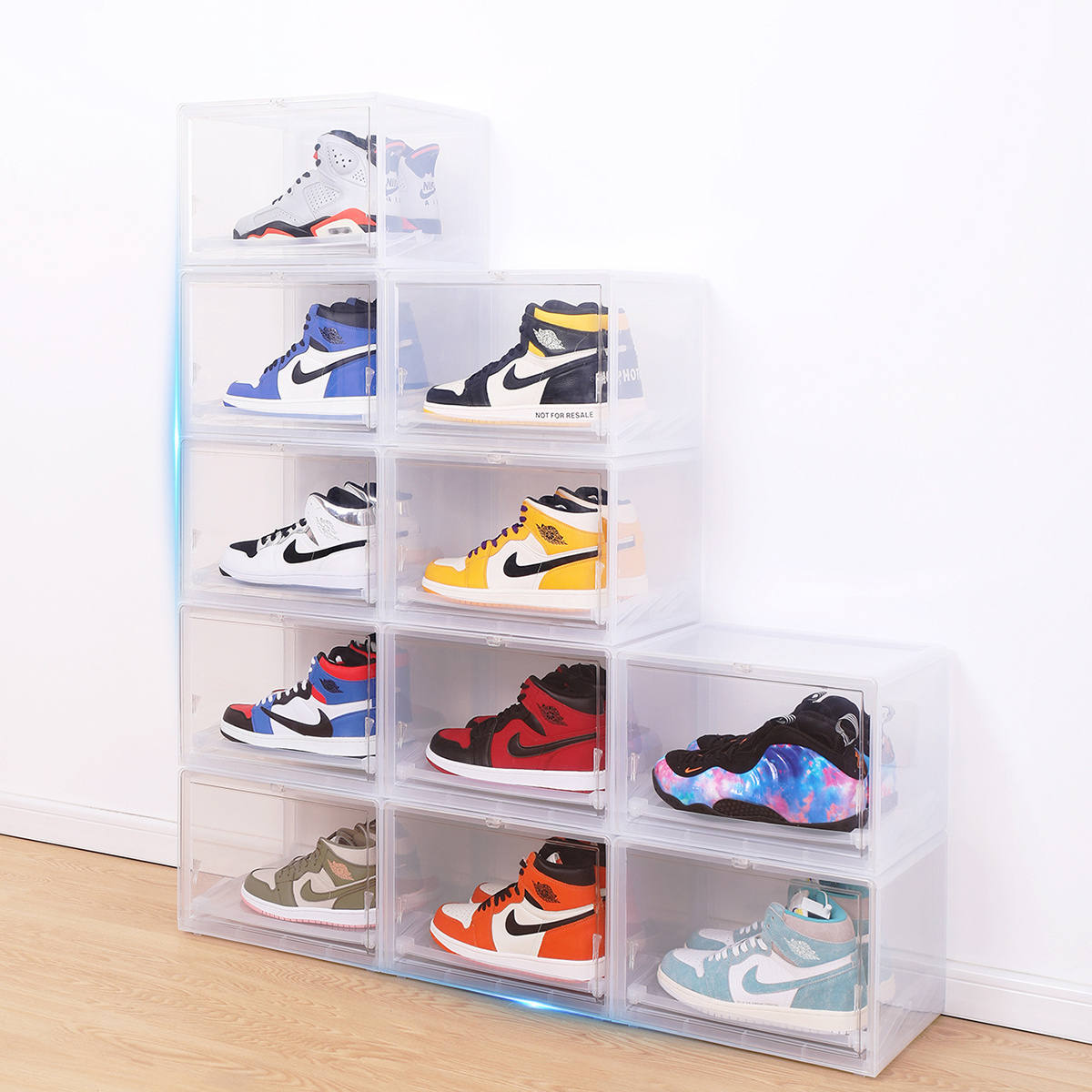 Haixin Drop Front Stackable Shoe Box Sneaker Crates Wholesale Shoe Case Custom Clear Transparent Sneaker Box