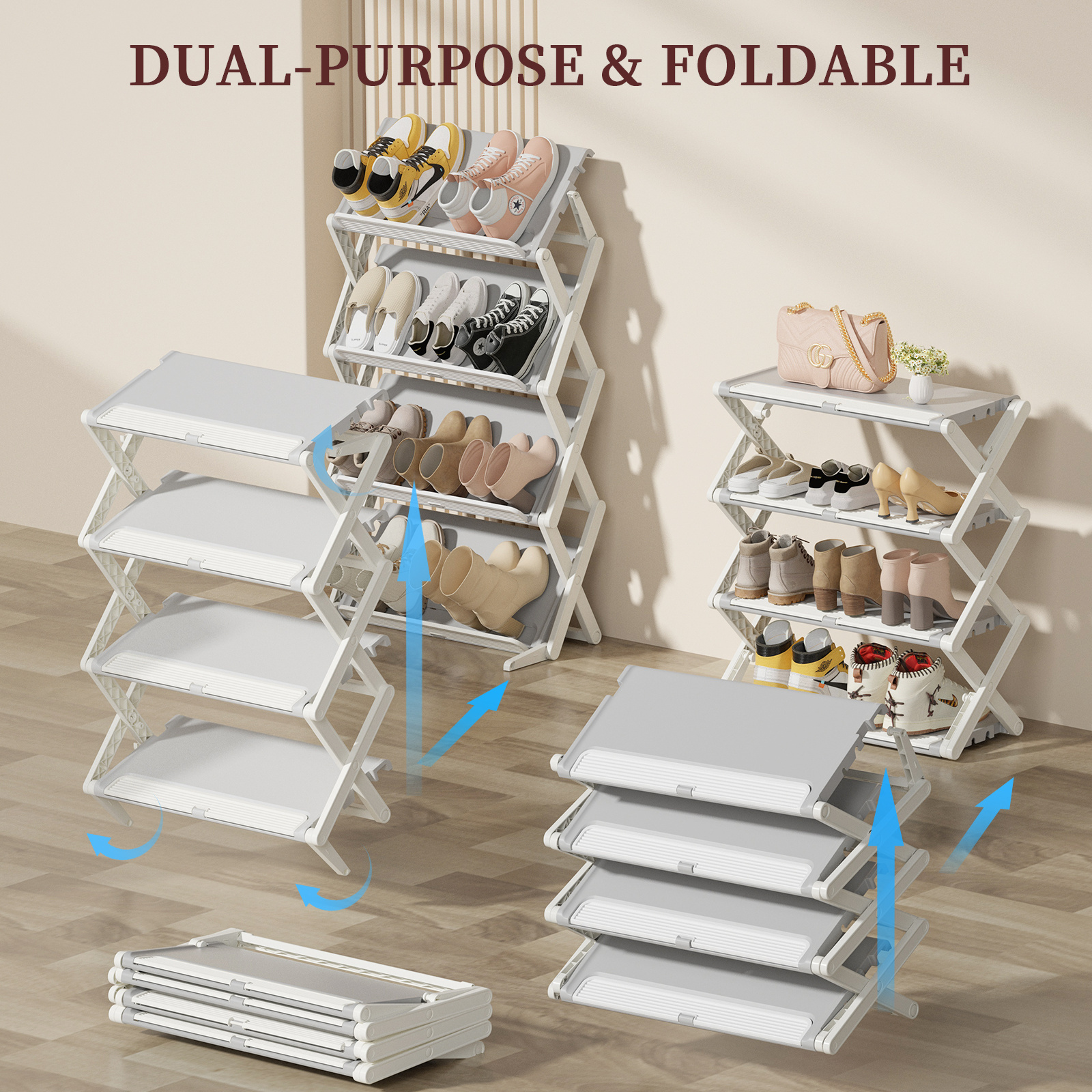 HAIXIN Plastic Not Inclined Shoe Rack Double Deformation Folding Shoe Rack