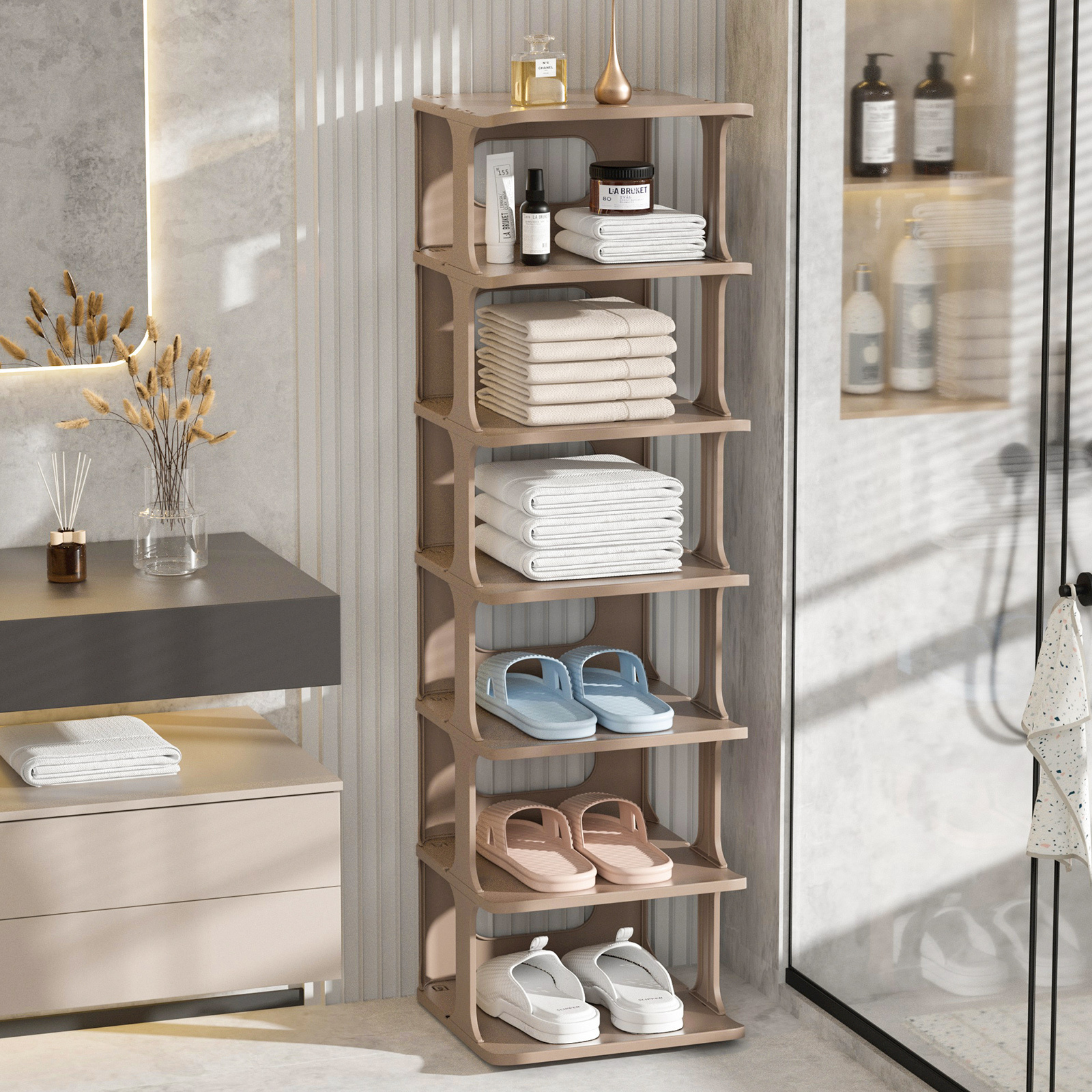 Free Standing 4 Layer Save Space For Home Use Plastic Vertical Narrow Shoes Organizers Storage Display Rack