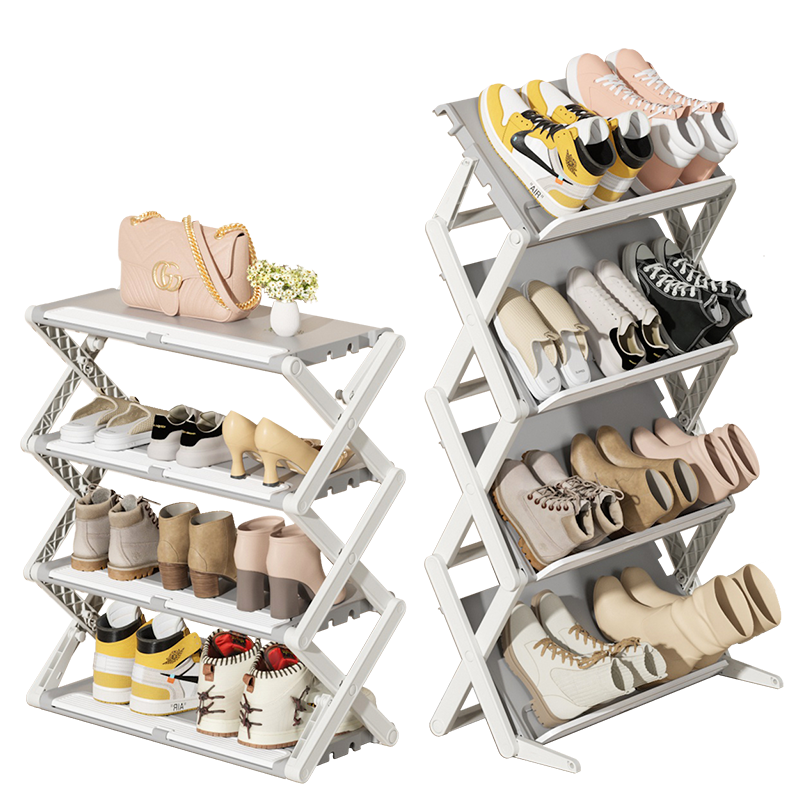 2-Mode Folded Shoe Rack 4 Tier Plastic Shoe Shelf Free Standing Shoe Organizer for Small Spaces