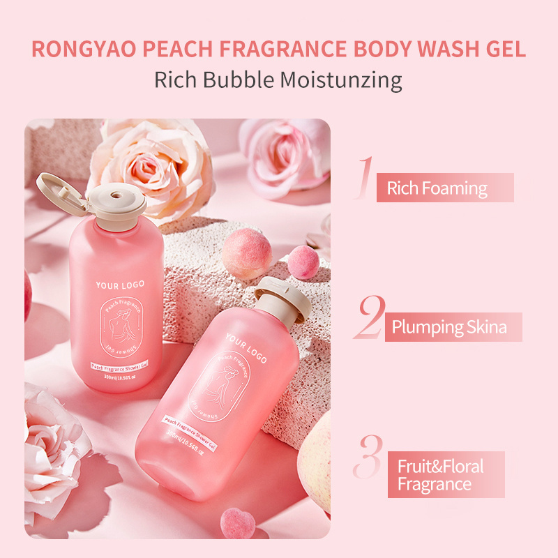 RongYao Private Label  300ml bodi cleanser Whitening Body Wash Gel Bath Shower Gel Home Fruit Fragrance Peach Shower Gel