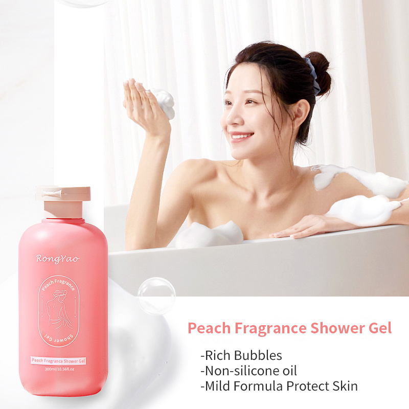 RongYao Private Label  300ml bodi cleanser Whitening Body Wash Gel Bath Shower Gel Home Fruit Fragrance Peach Shower Gel