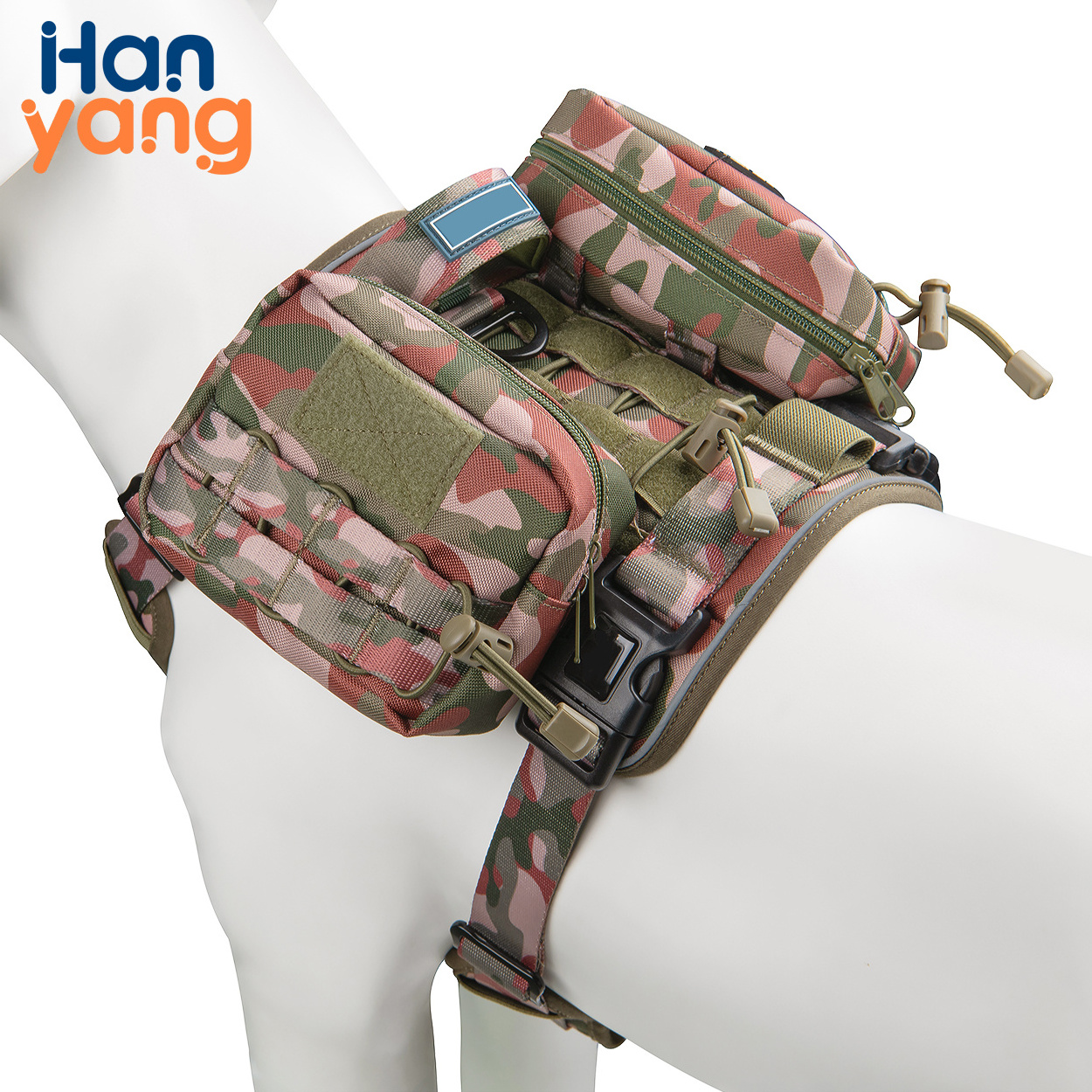 Hanyang Custom Durable Reflective Pet Tactical Vest Harness Heavy Duty Outdoor Pet Training Chest Dog Harness with Backpack Bag