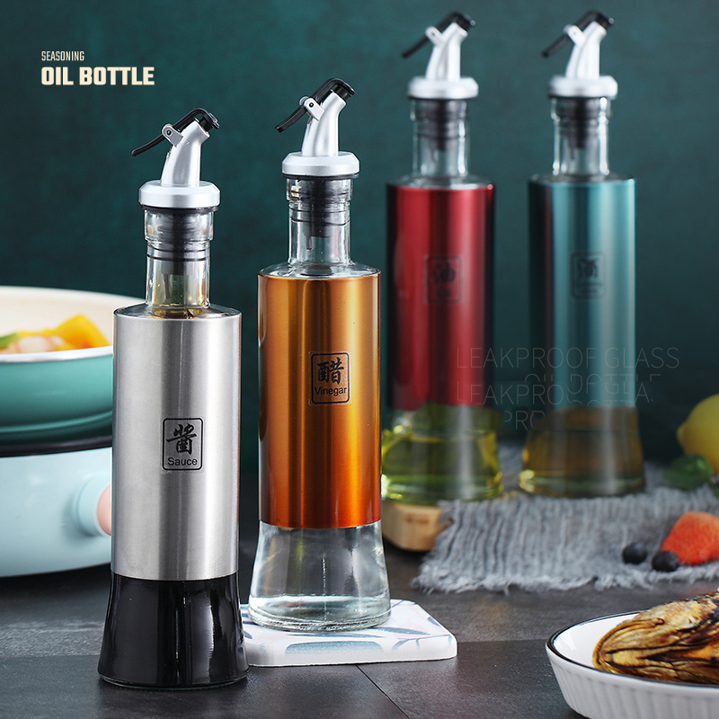 Glass Olive Oil Bottle Dispenser Cooking Oil and Vinegar Cruet Stainless Steel Seasoning Dispenser for Kitchen