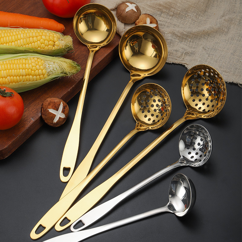 Kitchen Accessories Utensils Cooking Set Stainless Steel Serving Spoons Gold Soup Ladle Long Handle Big Soup Spoon