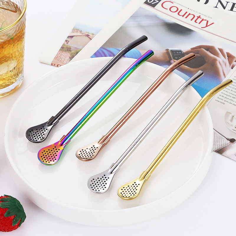 Reusable Metal Straw Spoon 18/8 Stainless Steel Drinking Straws with Filter Spoon