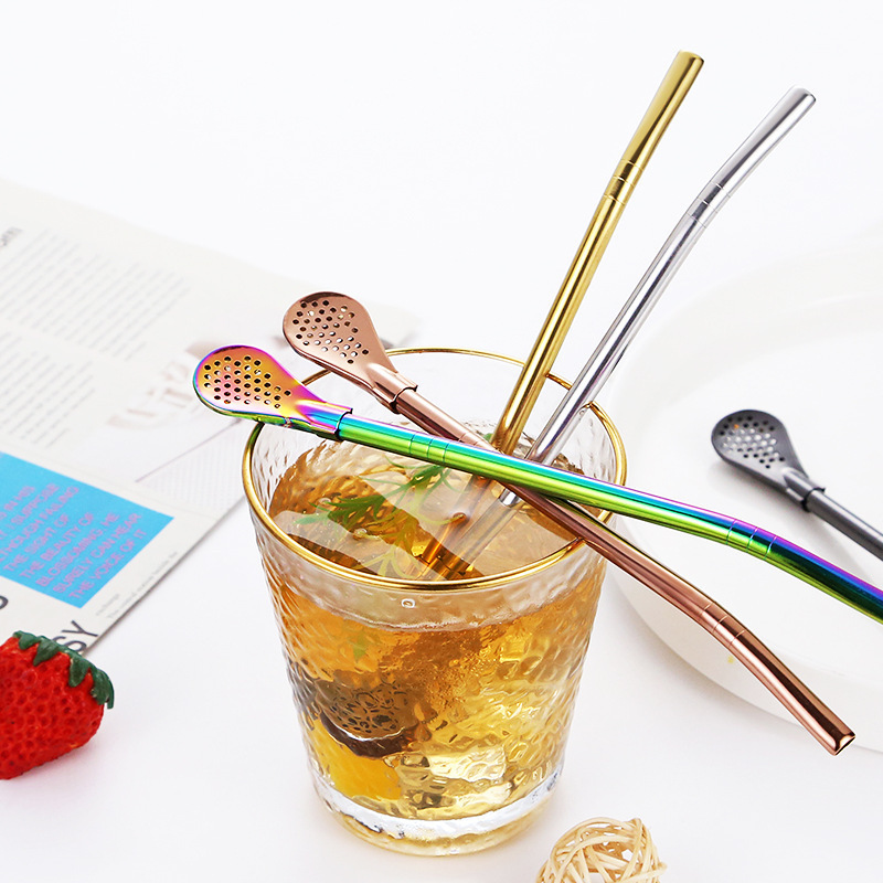 Reusable Metal Straw Spoon 18/8 Stainless Steel Drinking Straws with Filter Spoon