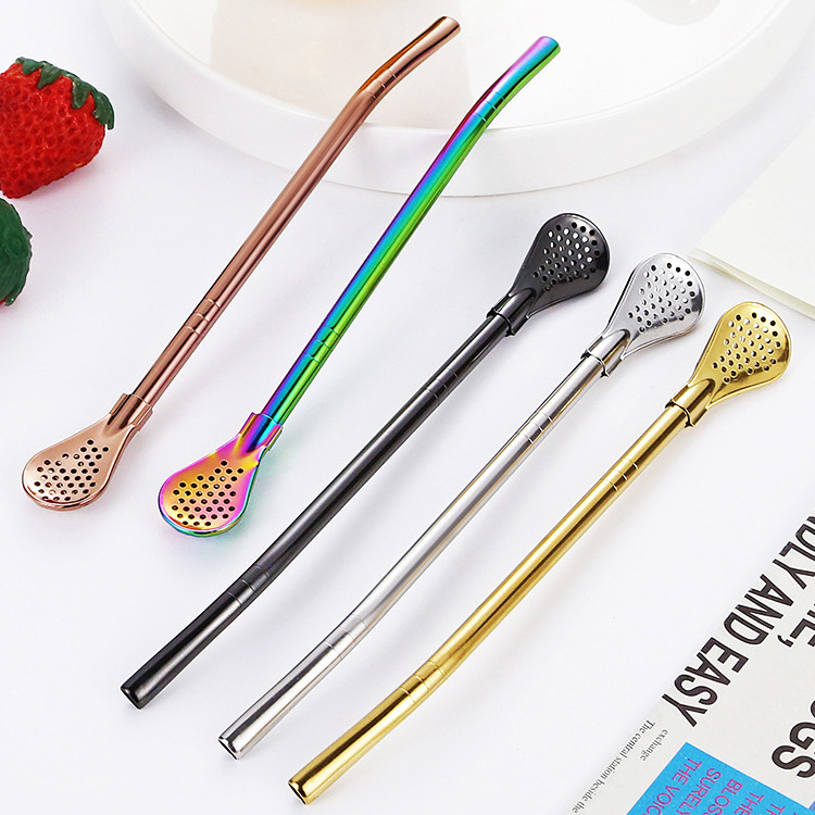 Reusable Metal Straw Spoon 18/8 Stainless Steel Drinking Straws with Filter Spoon