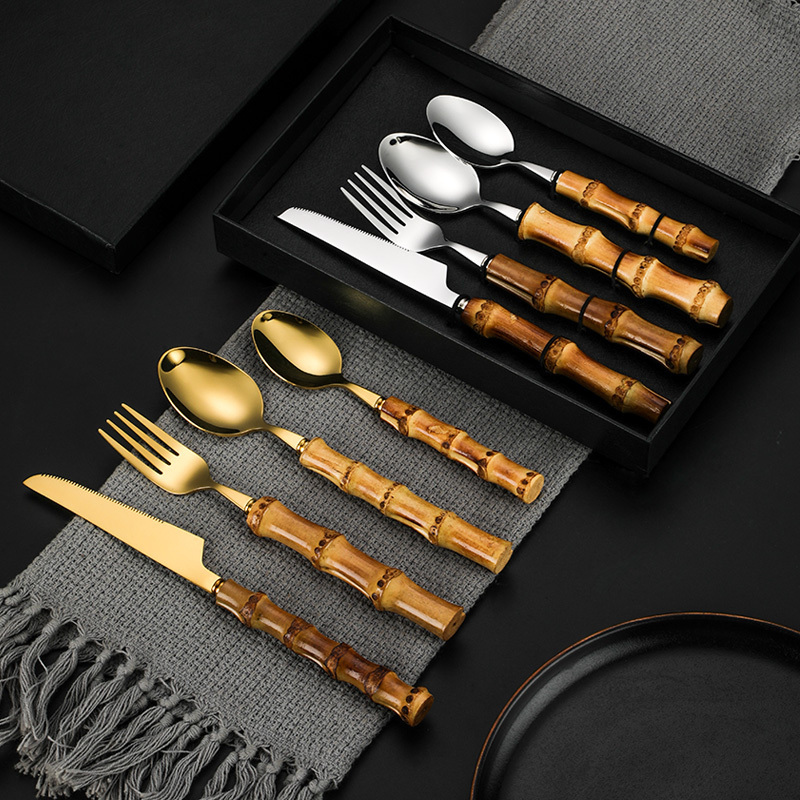 Natural wooden handle Spoon Fork knife Flatware set gift box 304 Stainless Steel Cutlery with bamboo handle