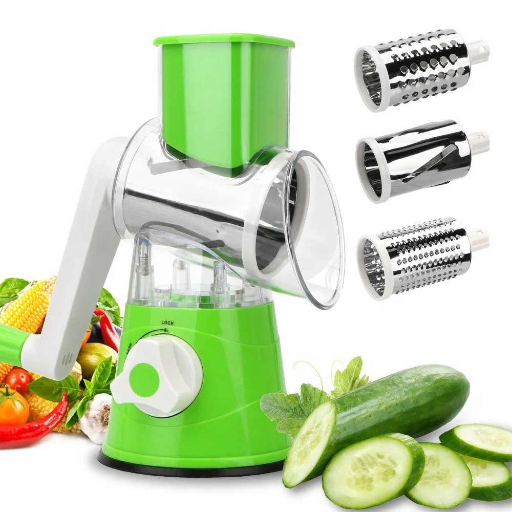 Kitchen Accessories Hand-operated Multi-function Drum Vegetable Chopper Cutter Rotary Cheese Grater Shredder with 3 blades