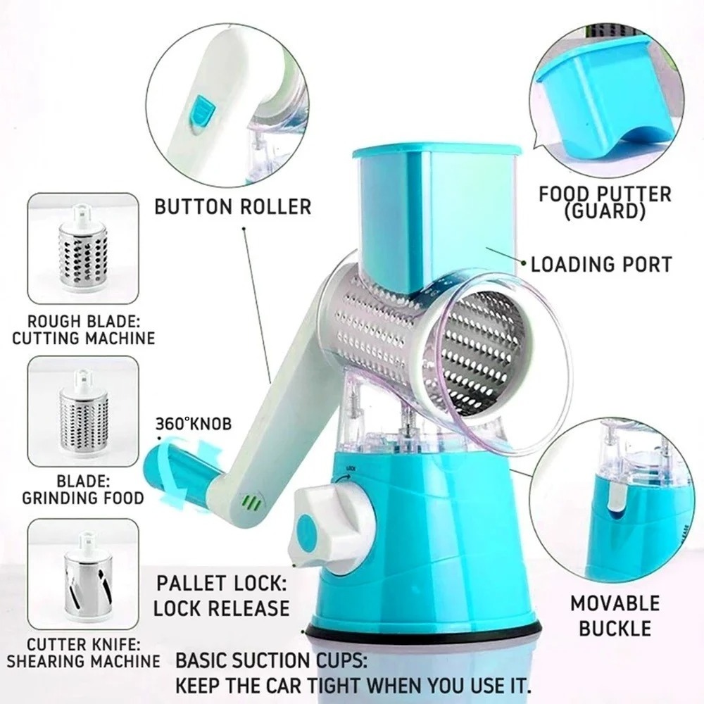 Kitchen Accessories Hand-operated Multi-function Drum Vegetable Chopper Cutter Rotary Cheese Grater Shredder with 3 blades