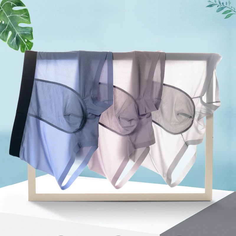 Transparent Men's Boxers Bulge Ice Silk See Through One Piece Underpants Sexy Men Underwear Low Waist Panties Lingerie Intimate