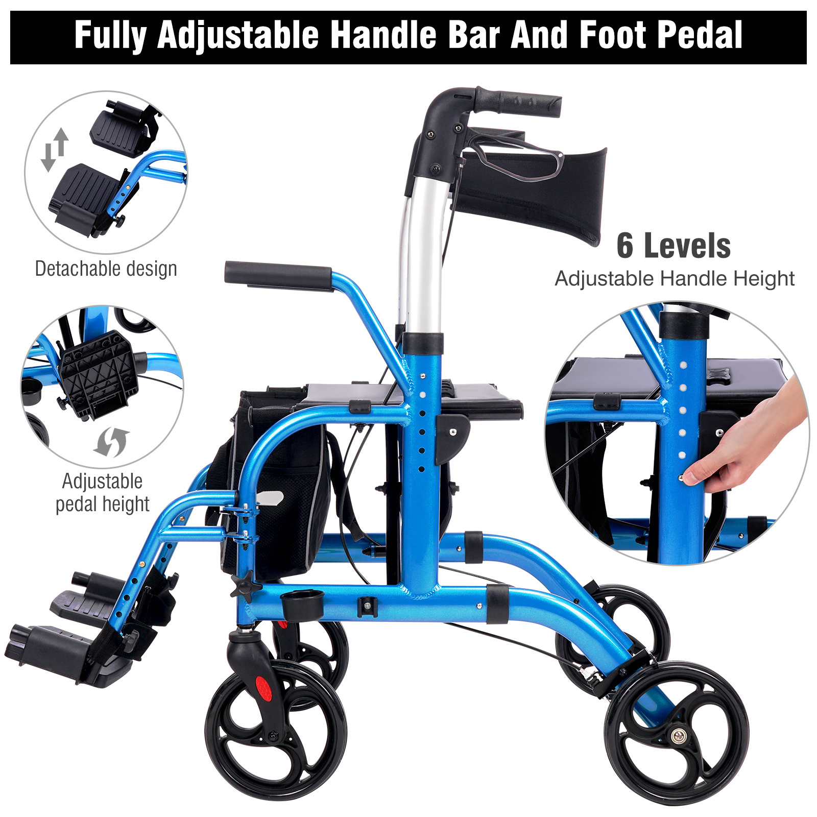 HCT-9124A OEM Medical Health Care Aluminum Lightweight Rollator and Rehabilitation Walker 2 in 1 Rollator for Elderly