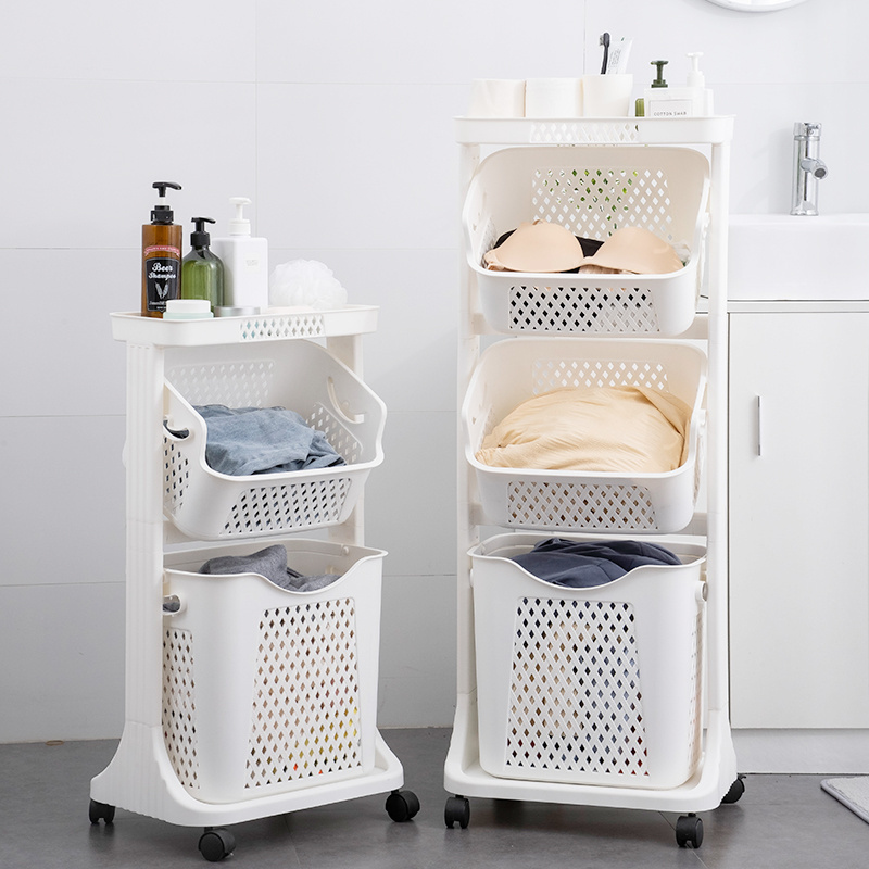 Lockable laundry basket plastic shelves storage racks bathroom rack shelf clothes laundry trolley with swing baskets