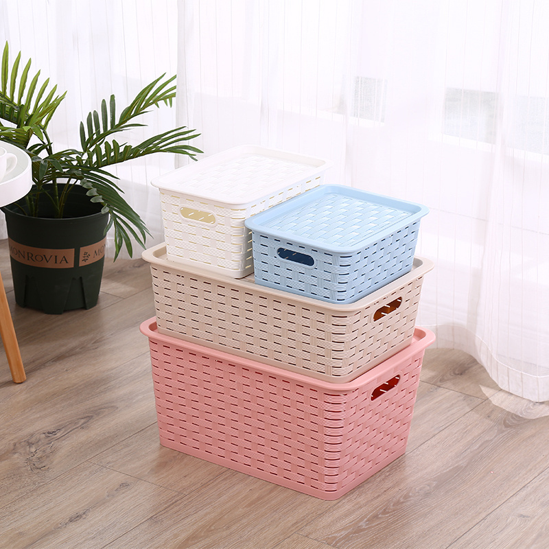 Durable toy storage box plastic container rattan basket household items plastic storage bins car storage box with rattan pattern