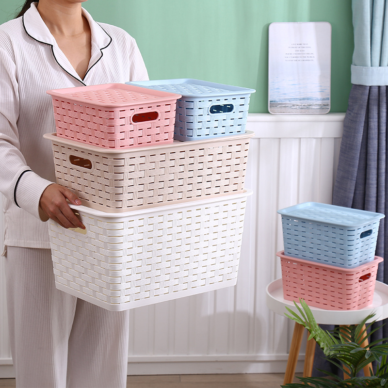 Durable toy storage box plastic container rattan basket household items plastic storage bins car storage box with rattan pattern