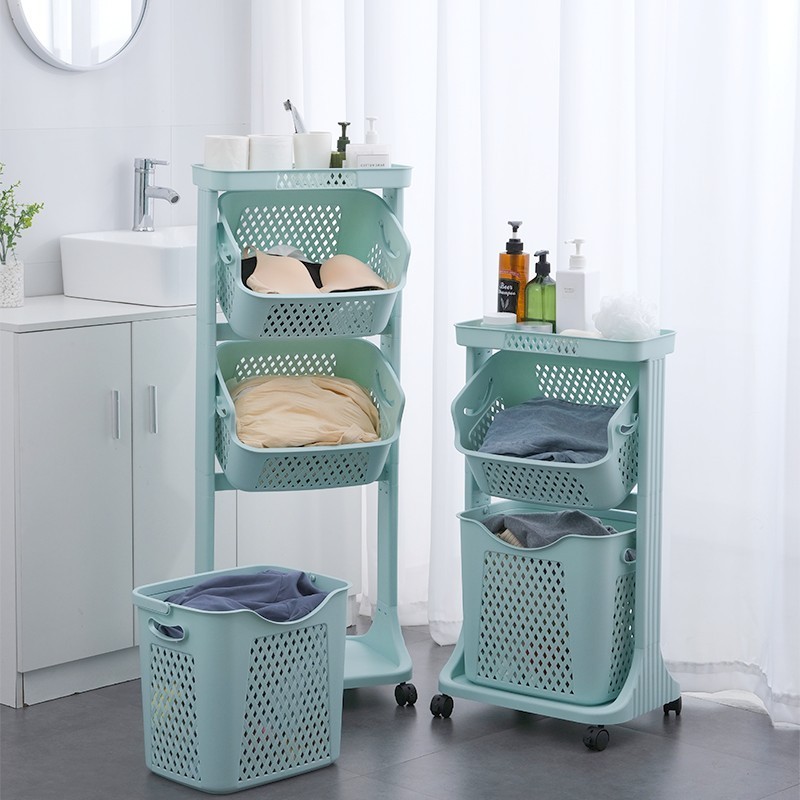 Lockable laundry basket plastic shelves storage racks bathroom rack shelf clothes laundry trolley with swing baskets