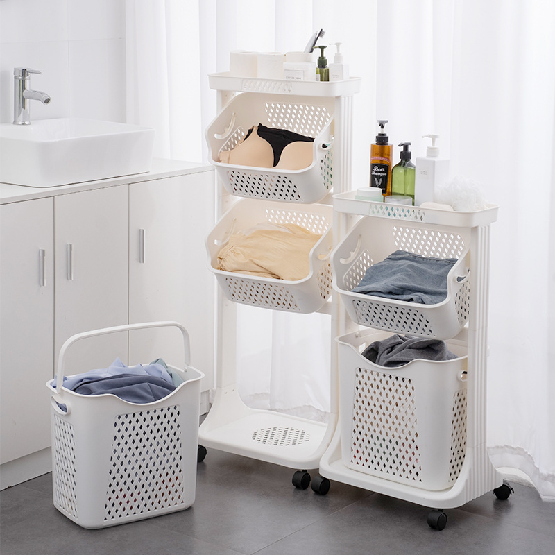 Lockable laundry basket plastic shelves storage racks bathroom rack shelf clothes laundry trolley with swing baskets