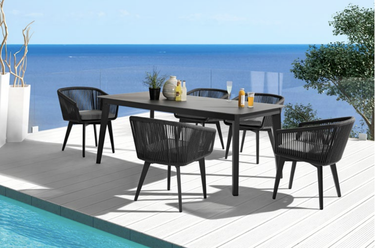 Black Woven Rope Chair Set Minimalist Design Outdoor Dining Furniture for Hotels Parks Patios