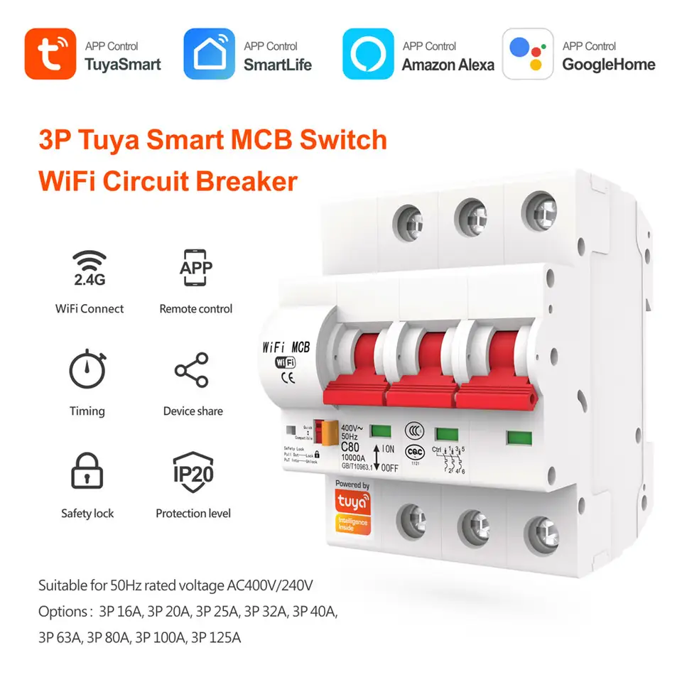 Tuya Smart Wifi Circuit Breaker 100a 1p/2p/3p/4p Smart Relay Automatic Switch Overload Short Circuit Protection Lan Control