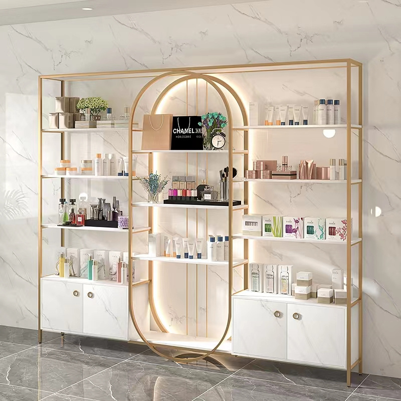 Custom Wooden Wall Cosmetic Shelves Display Cabinet And Makeup Display Wall Showcase For Retail Store