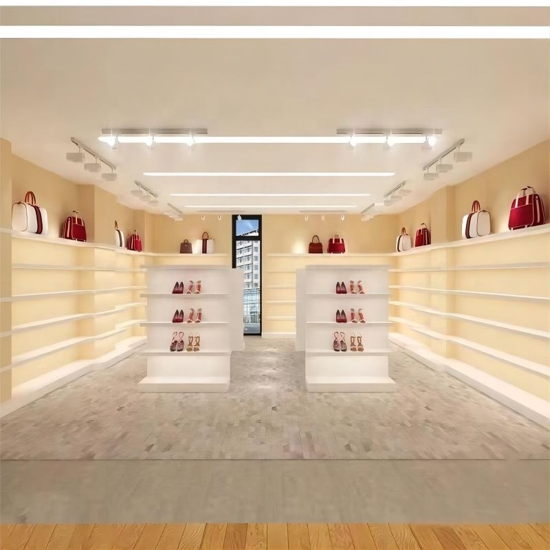 Custom Retail Shoe Store Furniture Design White Wood Footwear Wall Cabinet Shoes Shop Display