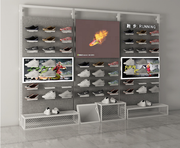 Hongji Customized Interior Design Sports Shoes Store Display Wall Mounted Shoe Display Rack