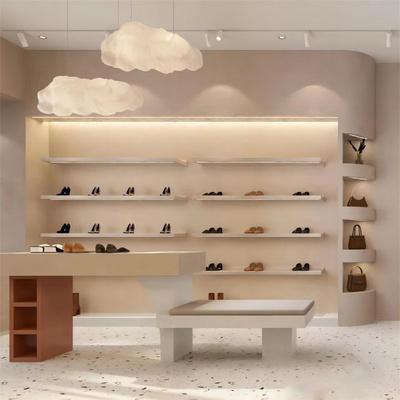 Custom Retail Shoe Store Furniture Design White Wood Footwear Wall Cabinet Shoes Shop Display