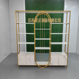 Hongji Wall Shop Design Store Fixtures Showcase Wood Metal Gold White Display Shelves With Lights