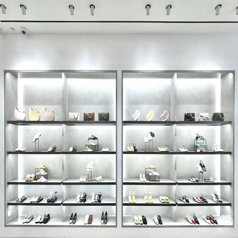 Custom Retail Shoe Store Furniture Design White Wood Footwear Wall Cabinet Shoes Shop Display