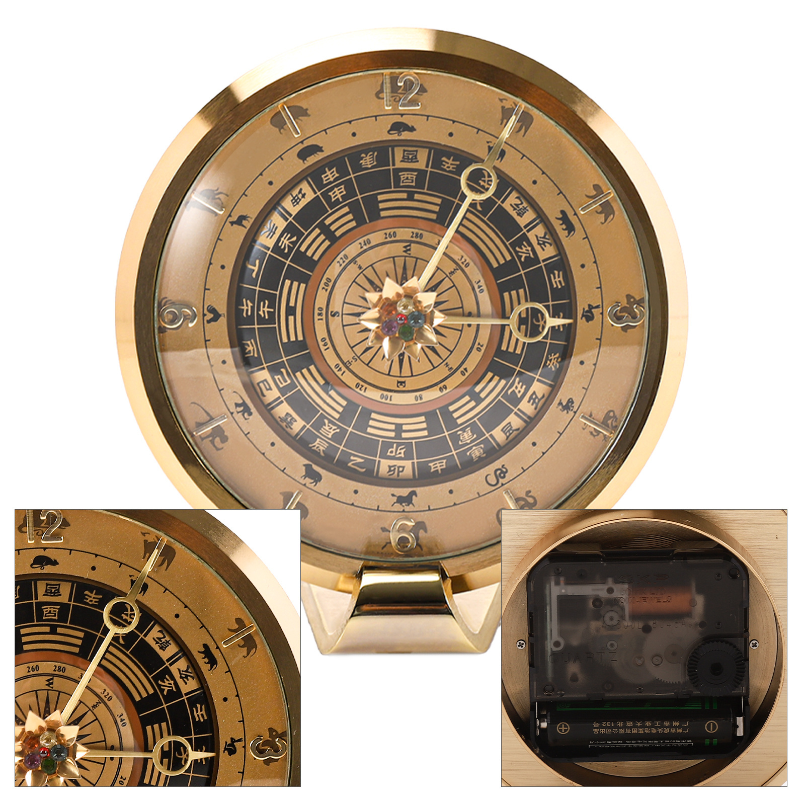 HONG QIAN Antique Luxury European Midcentury Mantel Twelve Zodiac Signs Clock Made of Gilt Brass Electroplated 18K Gold