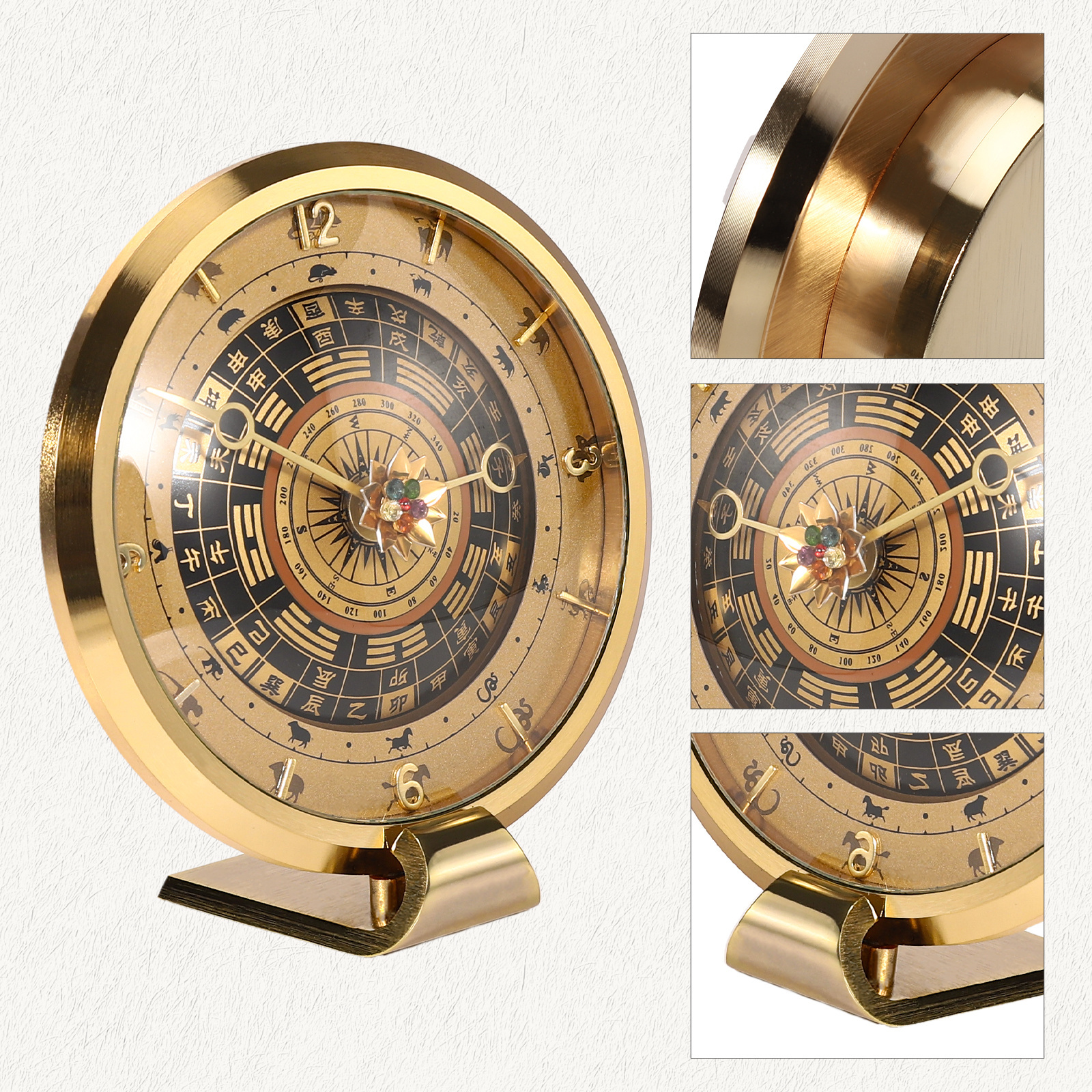 HONG QIAN Antique Luxury European Midcentury Mantel Twelve Zodiac Signs Clock Made of Gilt Brass Electroplated 18K Gold