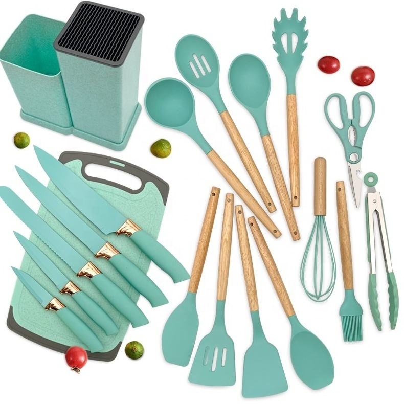 Wholesale 19 Pieces Set Silicone Kitchen Accessories Spatula Kitchen Utensils With Wooden Handle Kitchen Cooking Tools Set