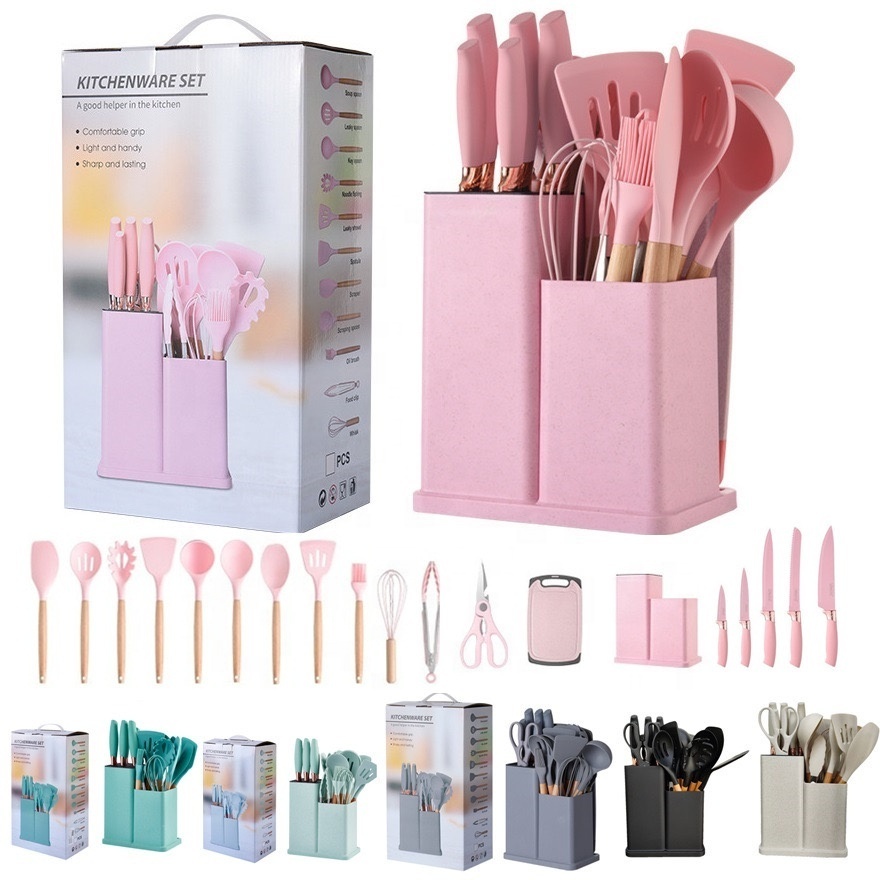 Wholesale 19 Pieces Set Silicone Kitchen Accessories Spatula Kitchen Utensils With Wooden Handle Kitchen Cooking Tools Set