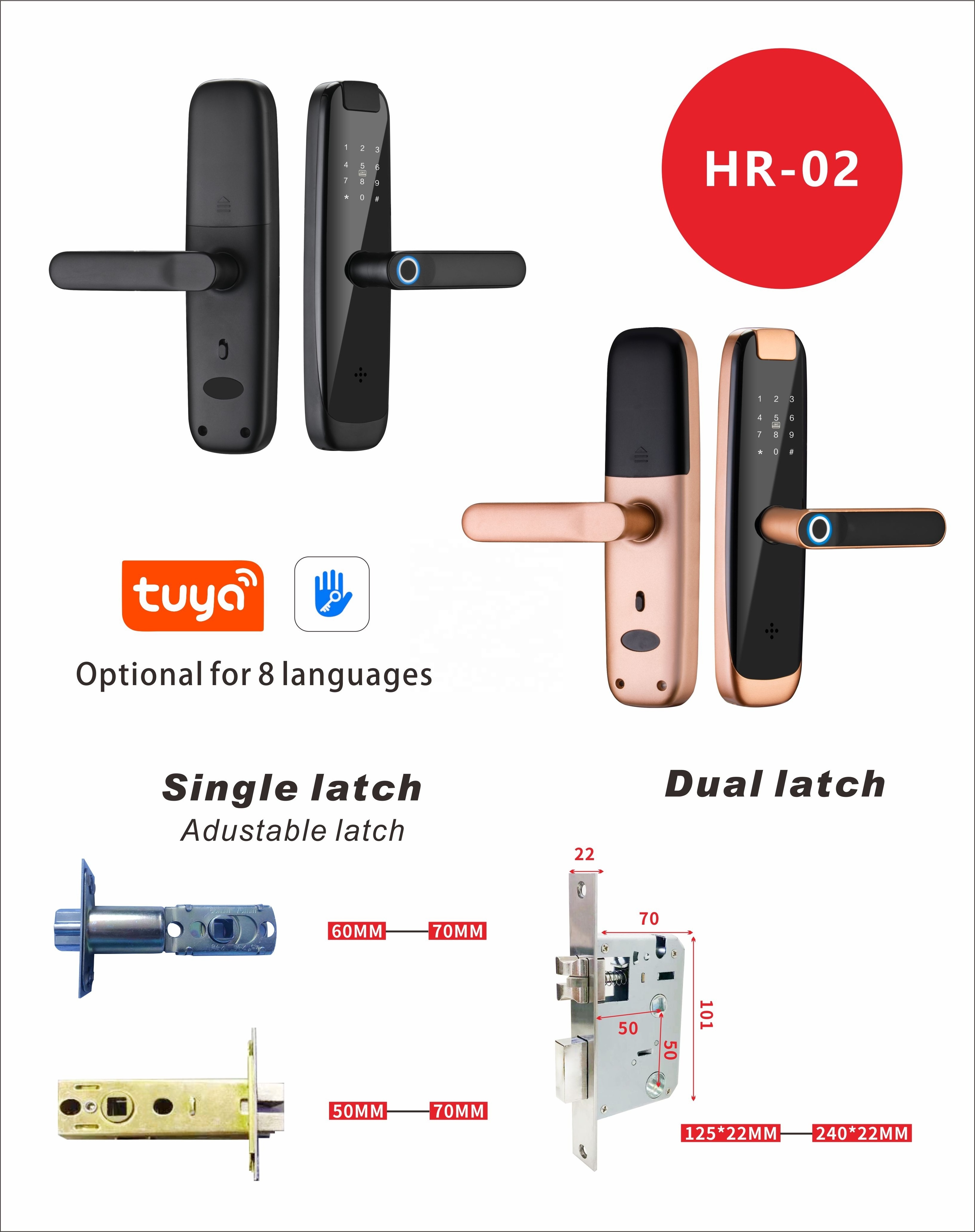 Huarui lock Tuya App 8 languages Wifi Intelligent Digital Smart Lock Biometric Fingerprint Scanner Password Smart Lock