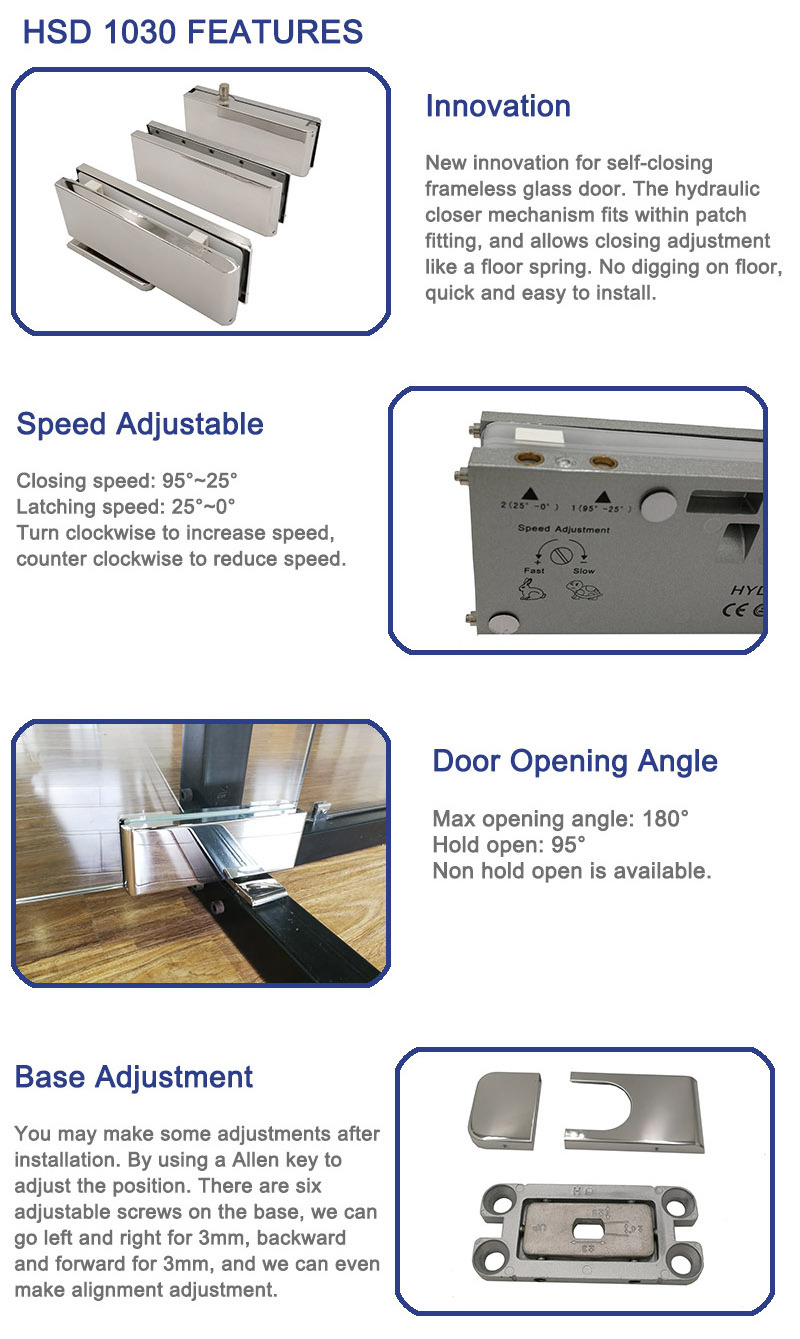 HSD 1030 Hydraulic Patch Fitting Stainless Steel Pivot Door Closer Frameless Glass Patch Hinge Fitting for 85KG