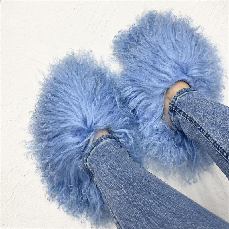 2023 Latest Fashion Fall Winter Mongolian Fur Slides House Slippers Fluffy For Women Sheep Fur Slippers