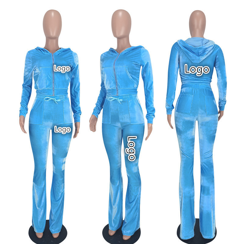 Custom logo 2 piece velour set crop top velvet hoodie two piece pants jogging set velour tracksuit for women