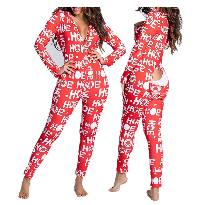 2023 Wholesale Christmas onesie pajamas long sleeve long pants adult sexy onesie butt flap Women Christmas onesie with butt flap