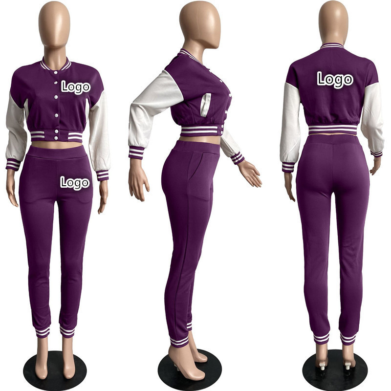 Custom logo varsiti jacket women long sleeve plain cropped varsiti jacket women baseball jogging tracksuit 2 piece pants set