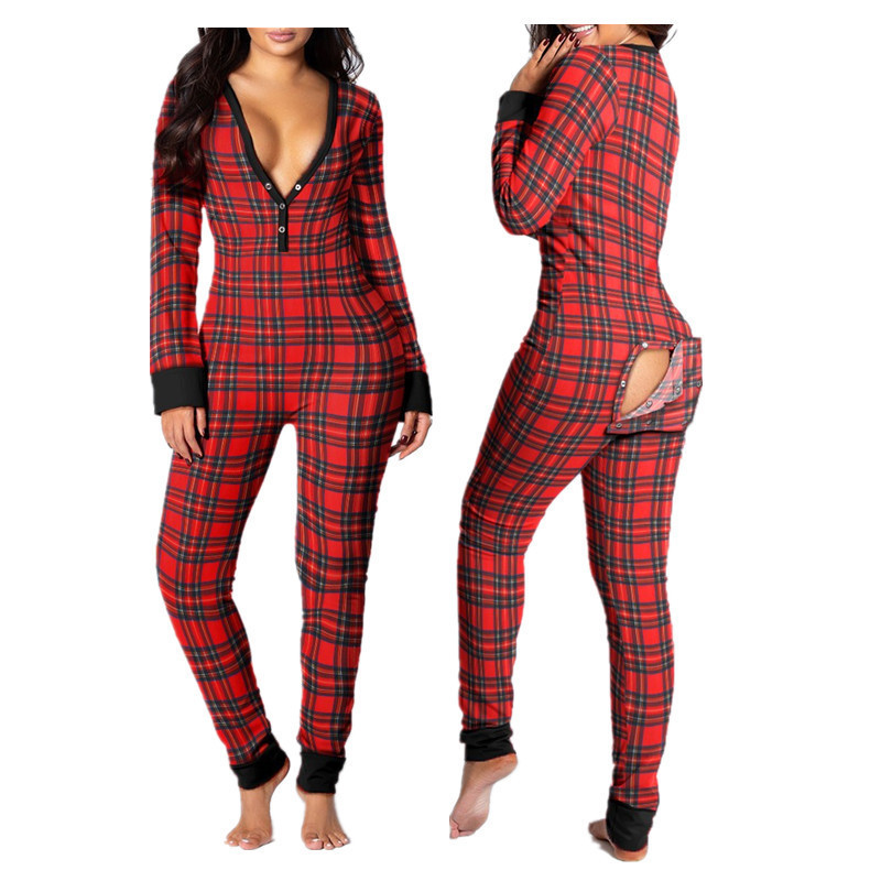 2023 Wholesale Christmas onesie pajamas long sleeve long pants adult sexy onesie butt flap Women Christmas onesie with butt flap