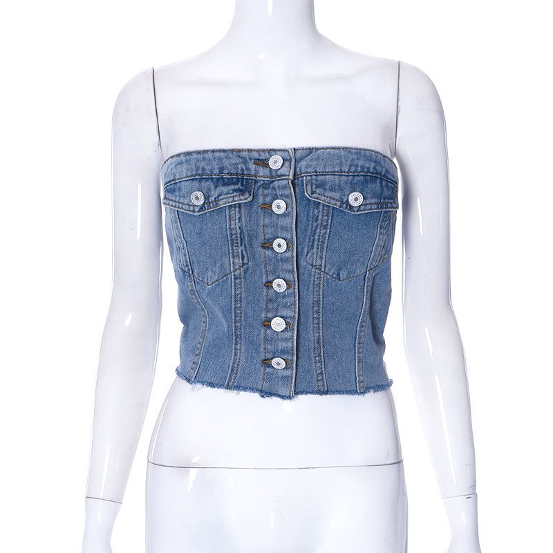 Pocket Design Button Denim Vest Women Casual Bare Midriff Wrapped Chest Sleeveless Crop Top Women Jeans 2023