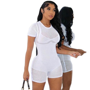 Women jumpsuit bodycon sexy hollow out knitted one piece short sleeve adult jumpsuit rompers knit one piece jumpsuit