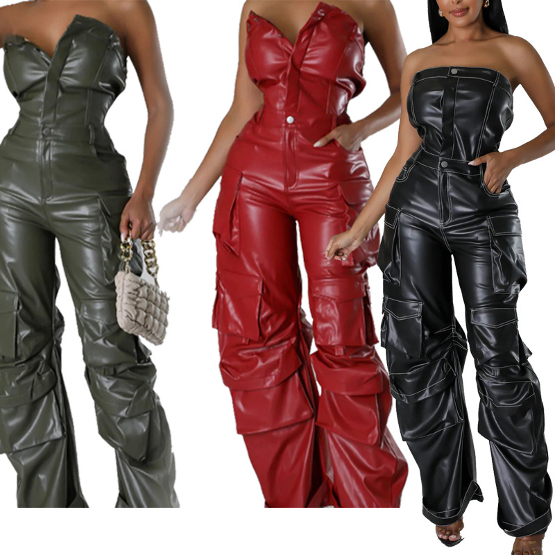 Good Quality Women Leather Off The Shoulder Pockets Black Leather Jumpsuit Fashion Streetwear Straight Female Sexy Jumpsuit